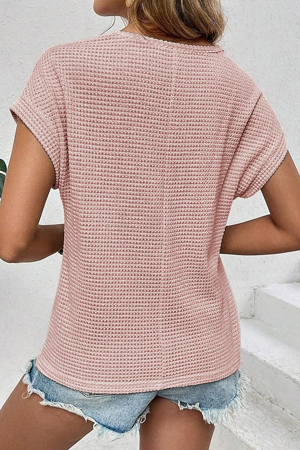Light Pink Lace Patchwork Waffle Short Sleeve Top