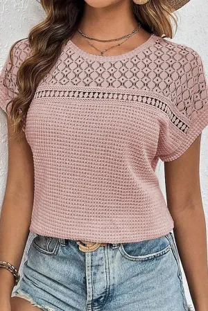 Light Pink Lace Patchwork Waffle Short Sleeve Top