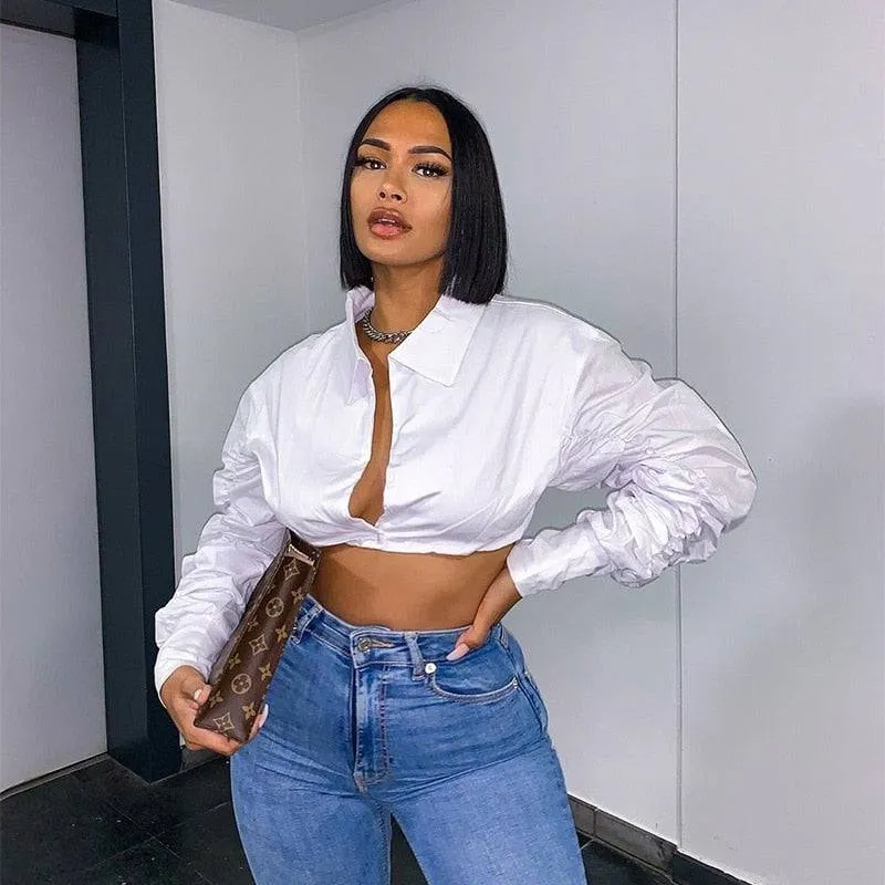 Long Puff Sleeve  Crop Top Shirt