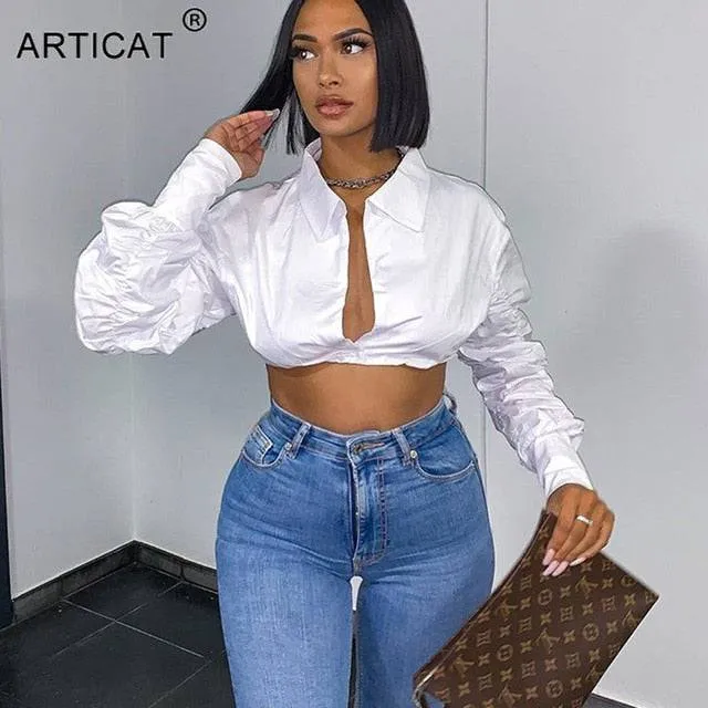 Long Puff Sleeve  Crop Top Shirt