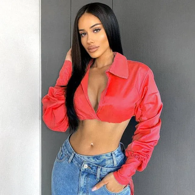 Long Puff Sleeve  Crop Top Shirt