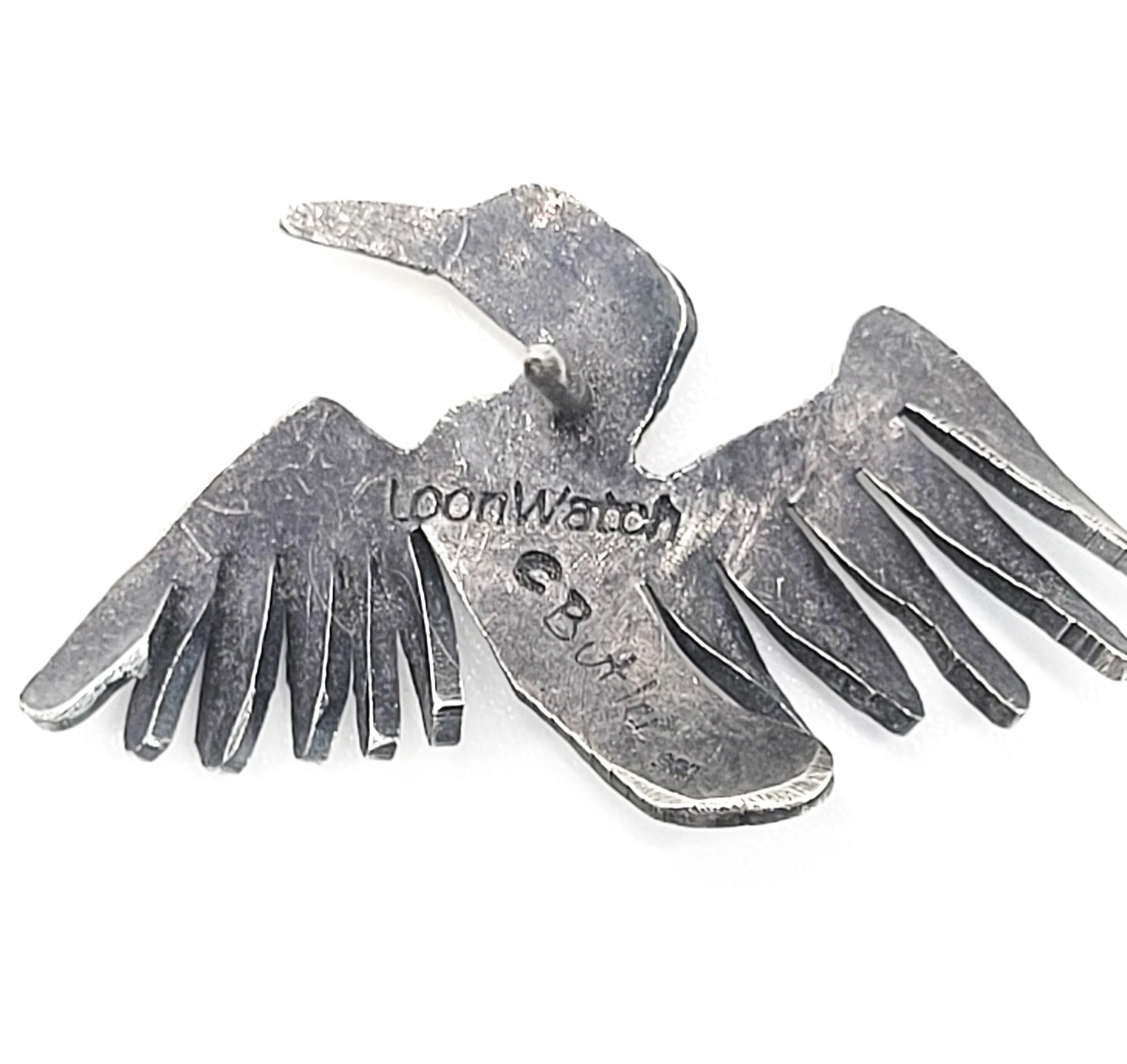 Loon watch signed C Butler vintage sterling silver flying bird tie tack brooch pin