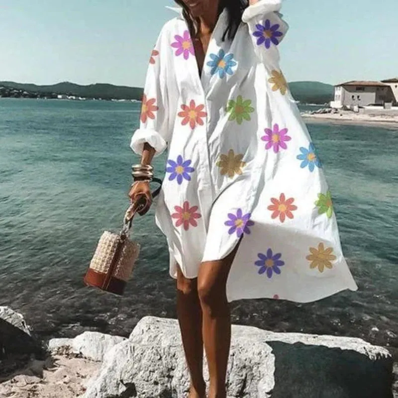 Loose Oversized Turn-Down Collar Print Casual Long Sleeve Dress