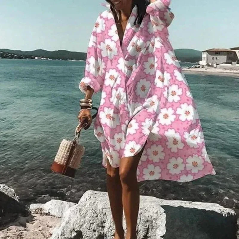 Loose Oversized Turn-Down Collar Print Casual Long Sleeve Dress