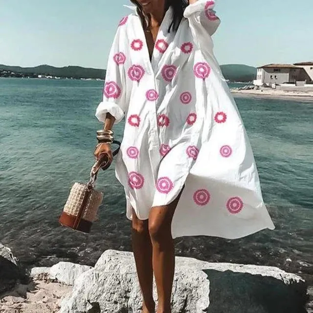 Loose Oversized Turn-Down Collar Print Casual Long Sleeve Dress