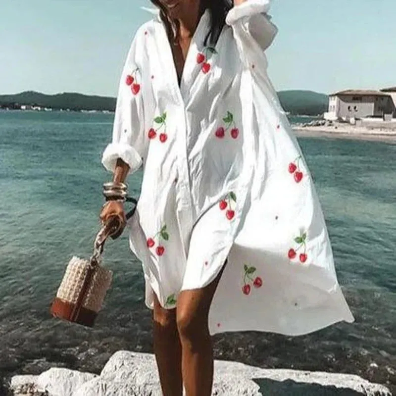 Loose Oversized Turn-Down Collar Print Casual Long Sleeve Dress