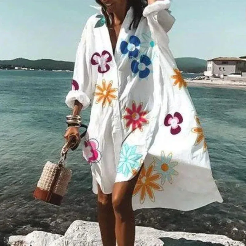 Loose Oversized Turn-Down Collar Print Casual Long Sleeve Dress
