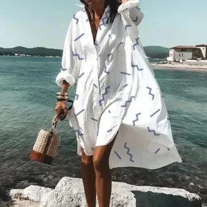 Loose Oversized Turn-Down Collar Print Casual Long Sleeve Dress