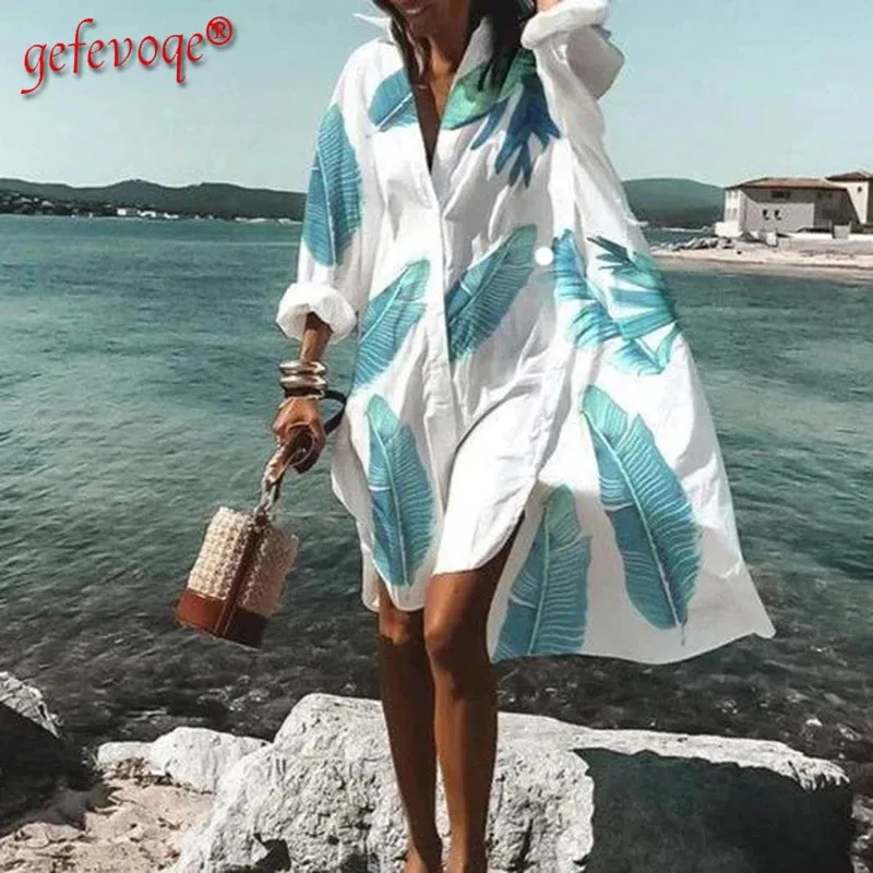 Loose Oversized Turn-Down Collar Print Casual Long Sleeve Dress