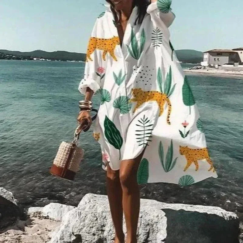 Loose Oversized Turn-Down Collar Print Casual Long Sleeve Dress