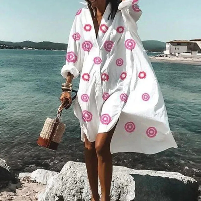 Loose Oversized Turn-Down Collar Print Casual Long Sleeve Dress