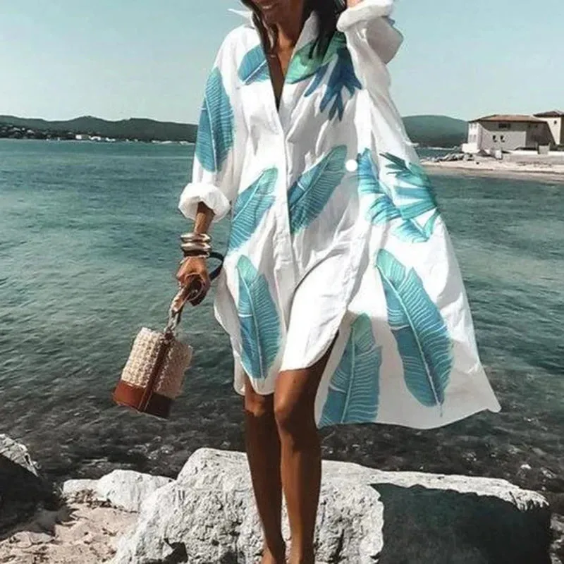 Loose Oversized Turn-Down Collar Print Casual Long Sleeve Dress