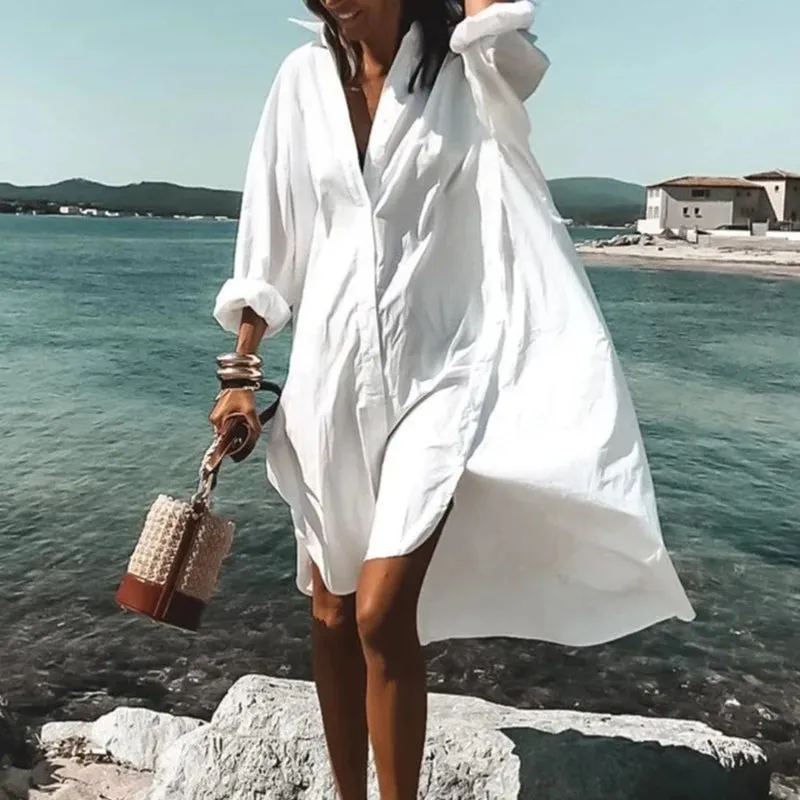 Loose Oversized Turn-Down Collar Print Casual Long Sleeve Dress