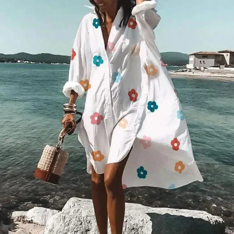 Loose Oversized Turn-Down Collar Print Casual Long Sleeve Dress