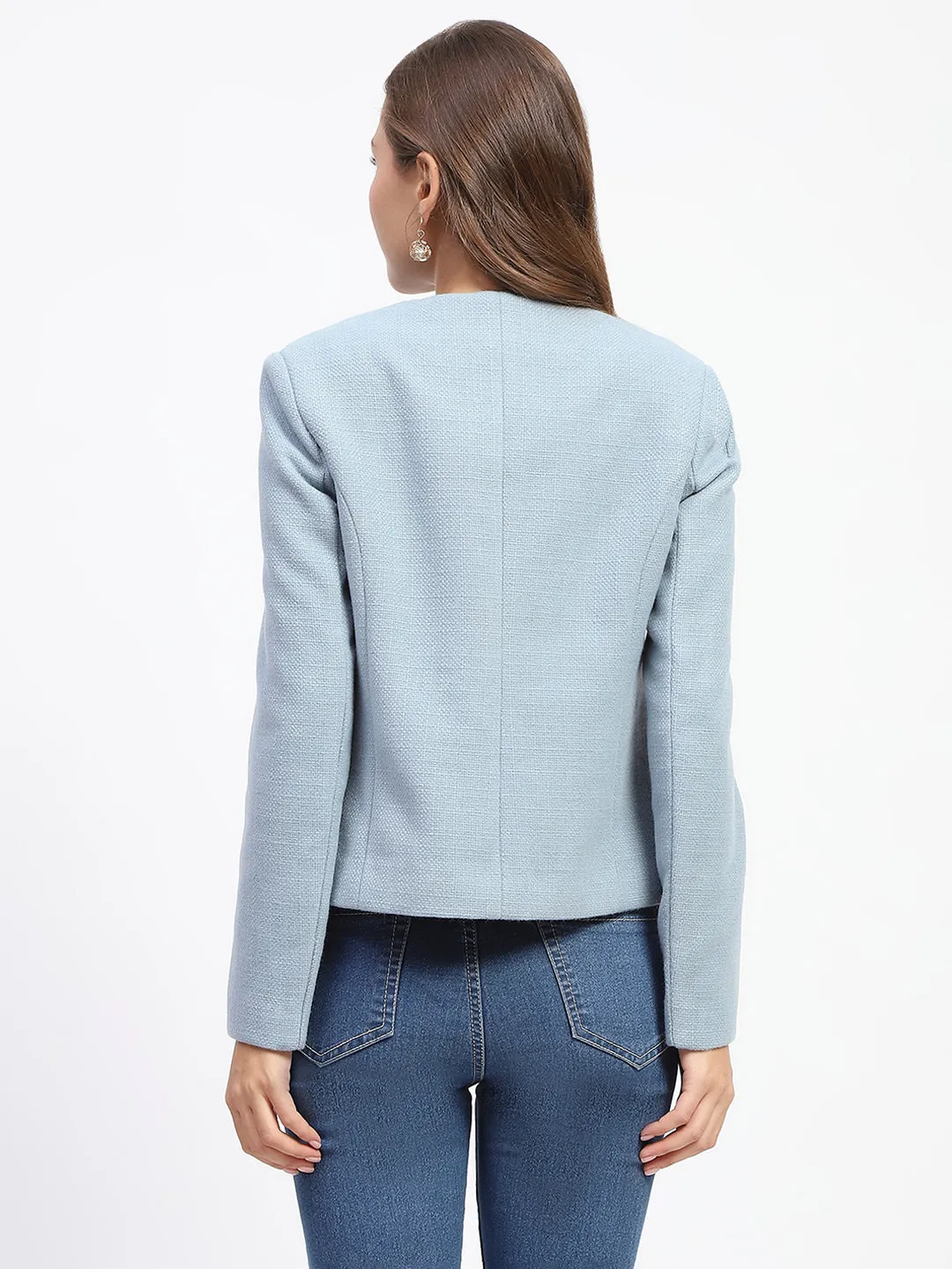 Madame Blue Crew Neck Buttoned Short Coat