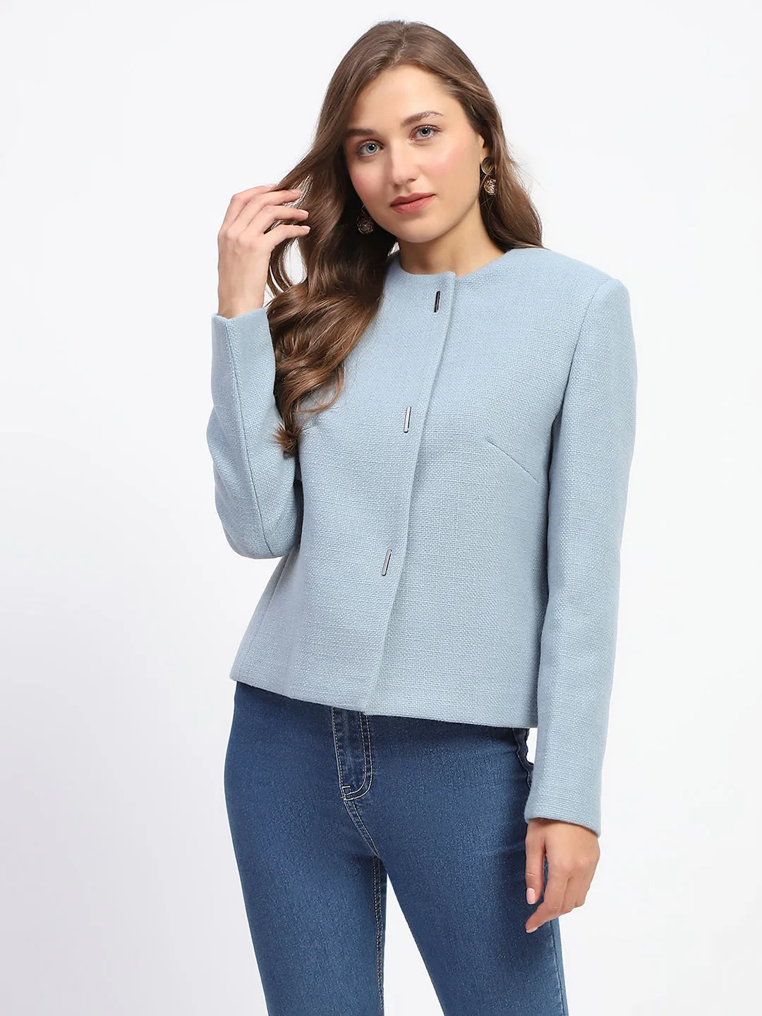 Madame Blue Crew Neck Buttoned Short Coat