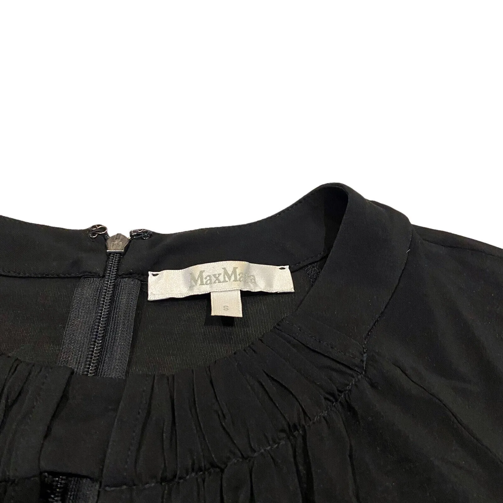 Max Mara Womens Black Top | Vintage High End Designer Slit Collar Short Sleeve