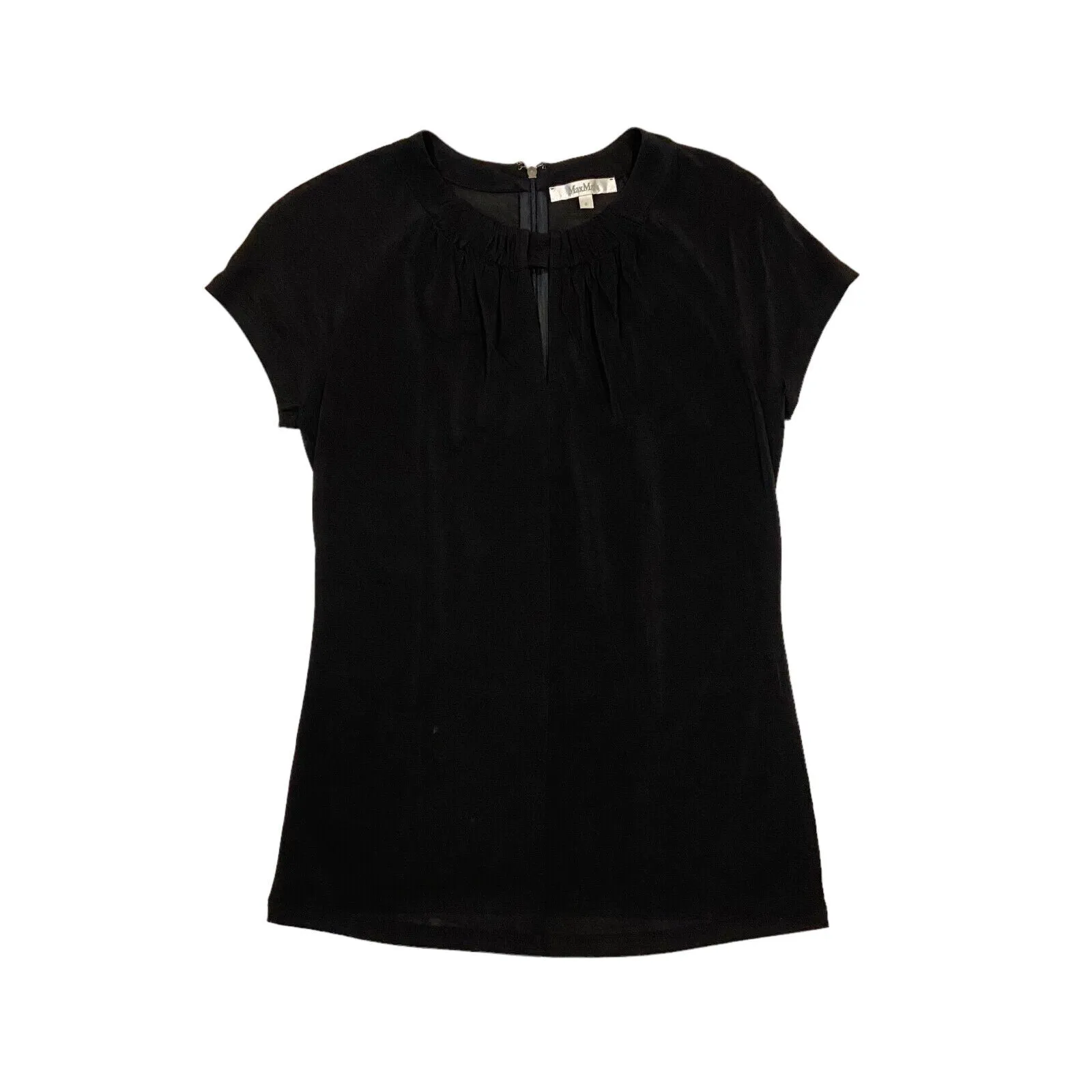 Max Mara Womens Black Top | Vintage High End Designer Slit Collar Short Sleeve
