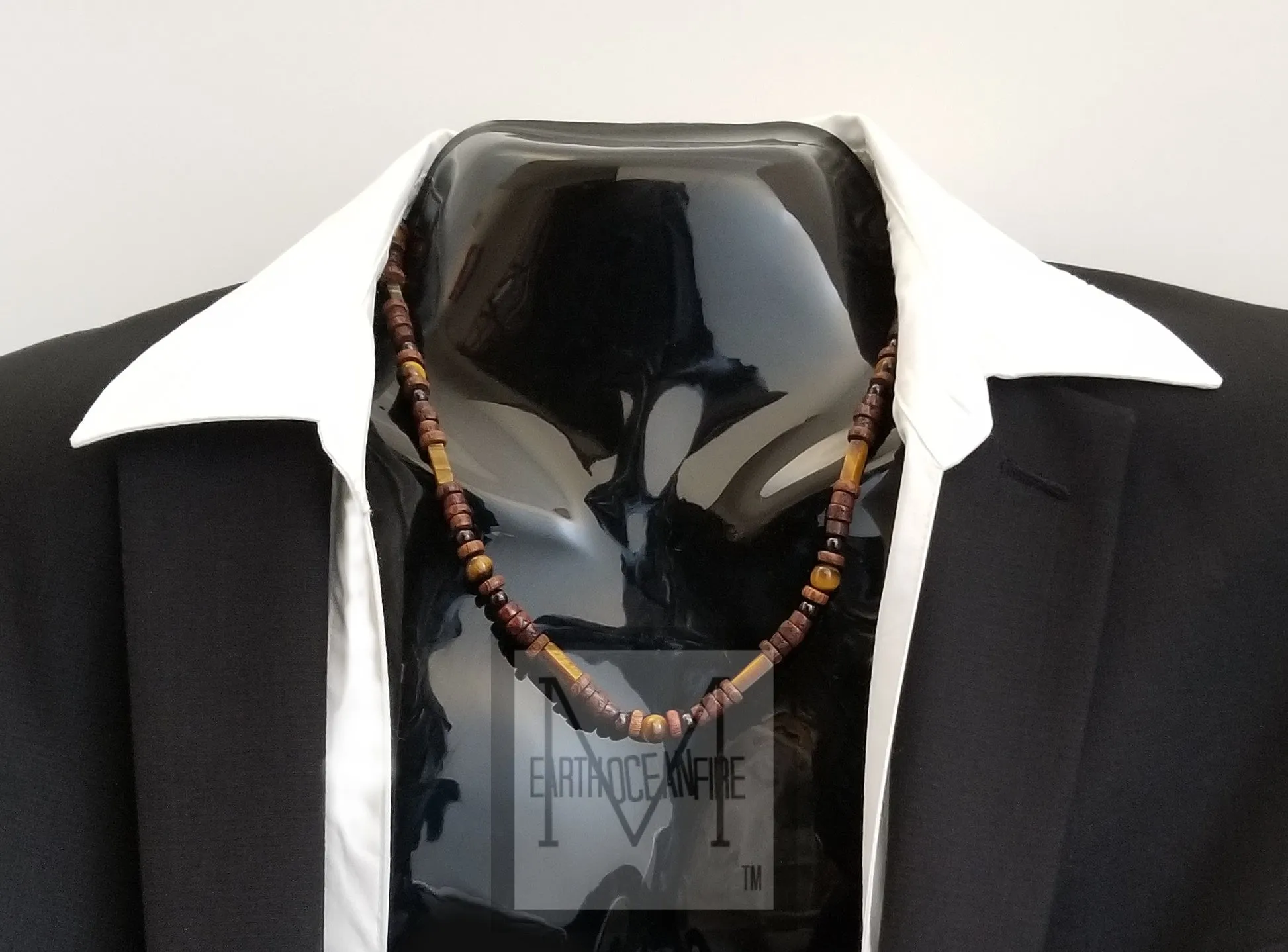 Men's Golden Tiger's Eye and Garnet Gemstone Beaded Necklace