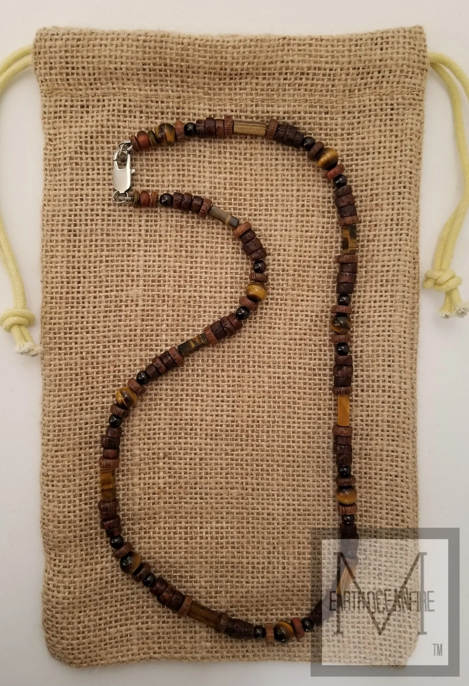 Men's Golden Tiger's Eye and Garnet Gemstone Beaded Necklace