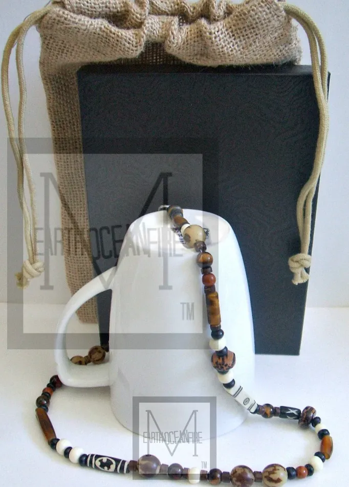 Men's Tribal Gemstone Bone Horn Beaded Necklace