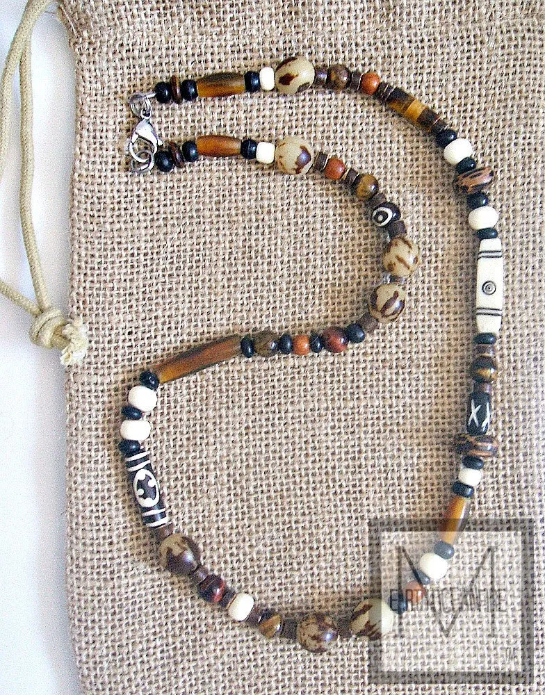 Men's Tribal Gemstone Bone Horn Beaded Necklace
