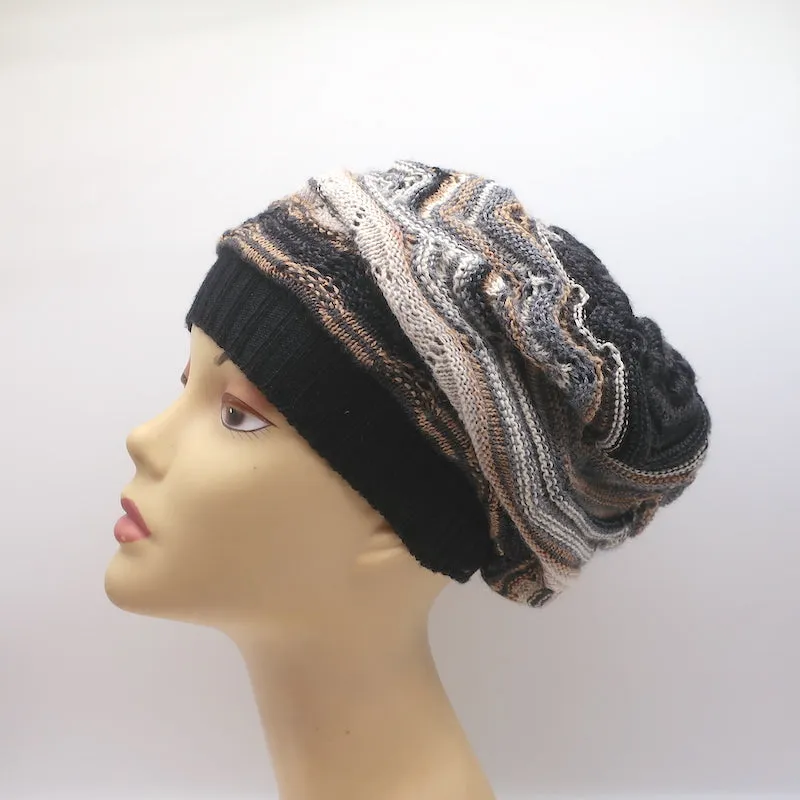 Missoni Slouchy Beanie Gray/Tan Wool-Cashmere Pointelle Knit