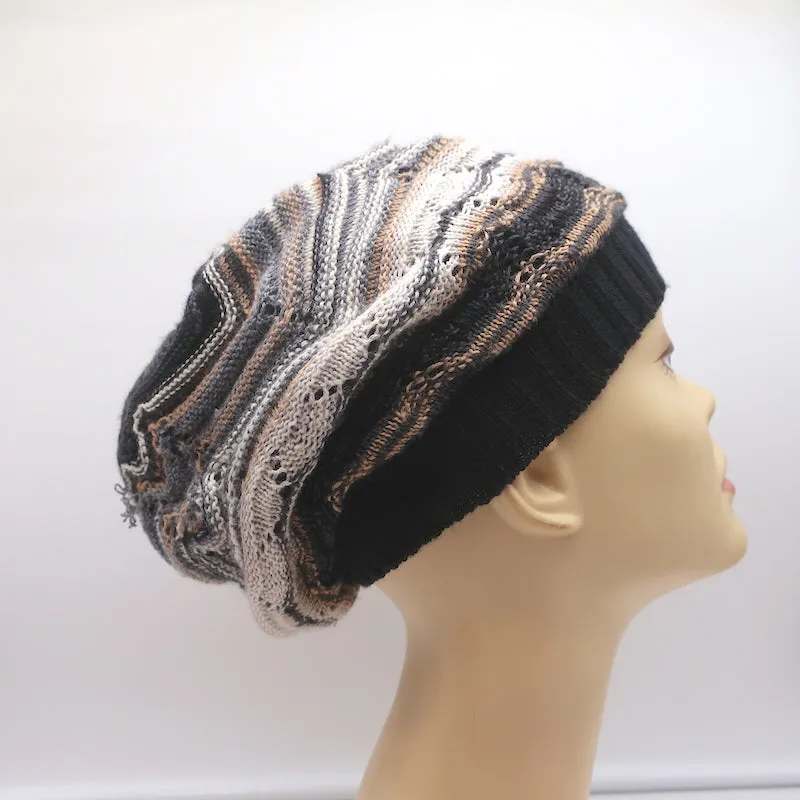 Missoni Slouchy Beanie Gray/Tan Wool-Cashmere Pointelle Knit