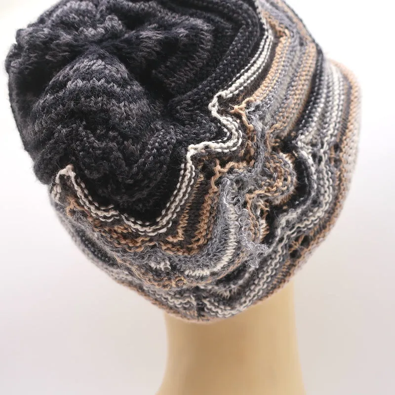 Missoni Slouchy Beanie Gray/Tan Wool-Cashmere Pointelle Knit
