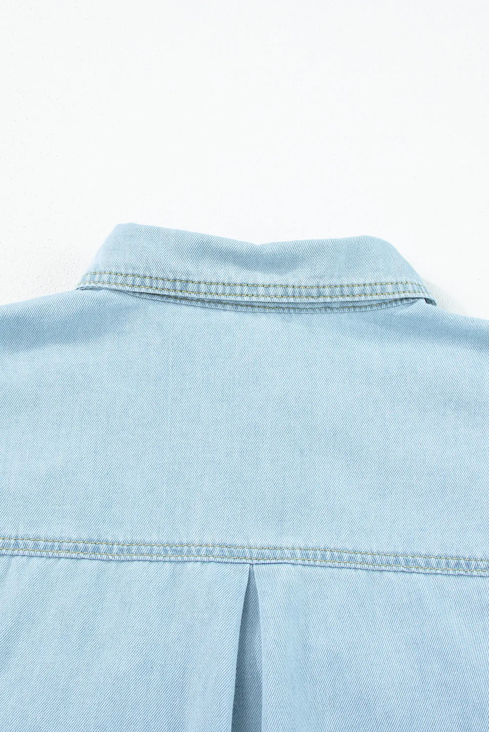 Mist Blue Vintage Light Wash Flap Pockets Rounded Hem Shirt