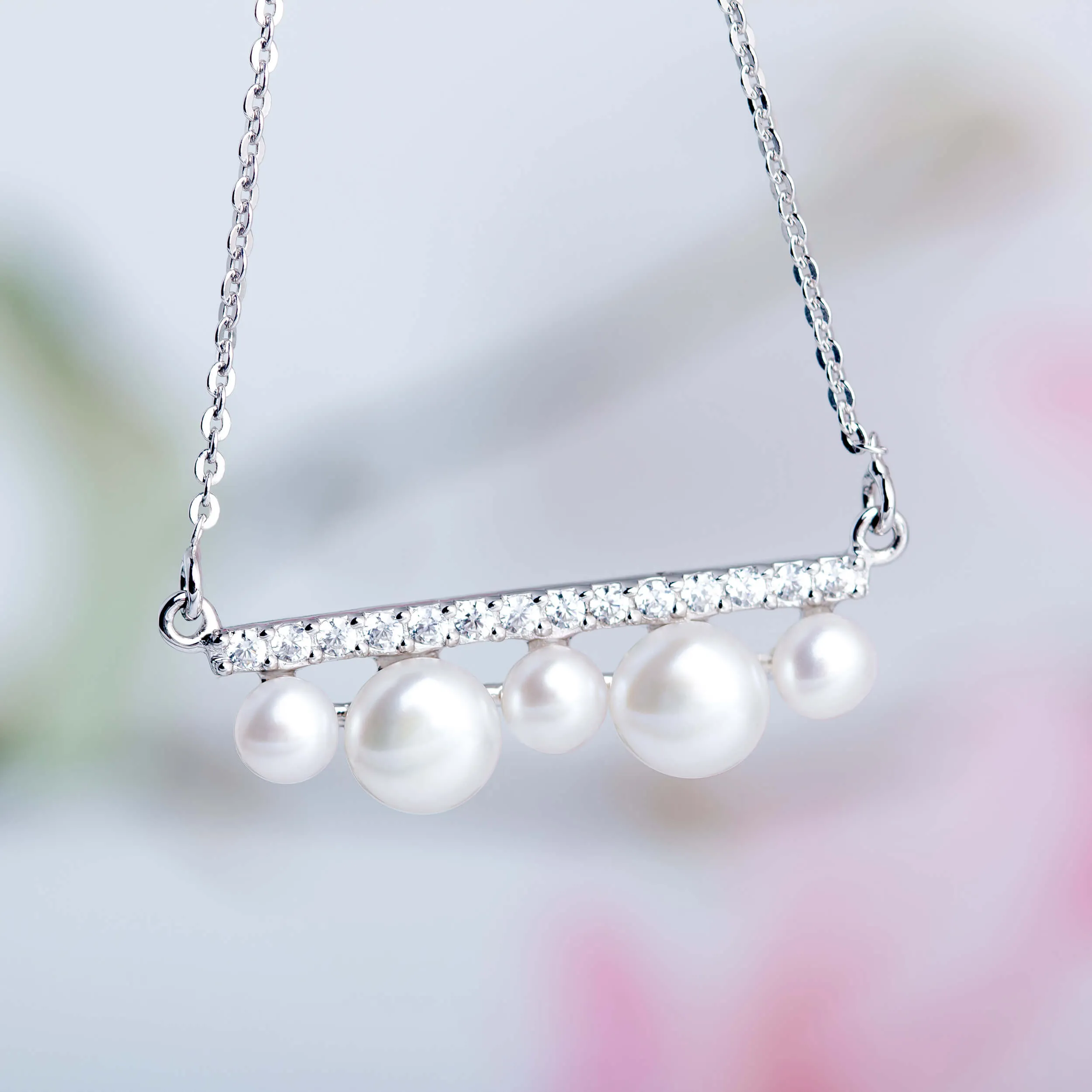 Molah Silver Alternating Freshwater Pearl and Cubic Zirconia Necklace