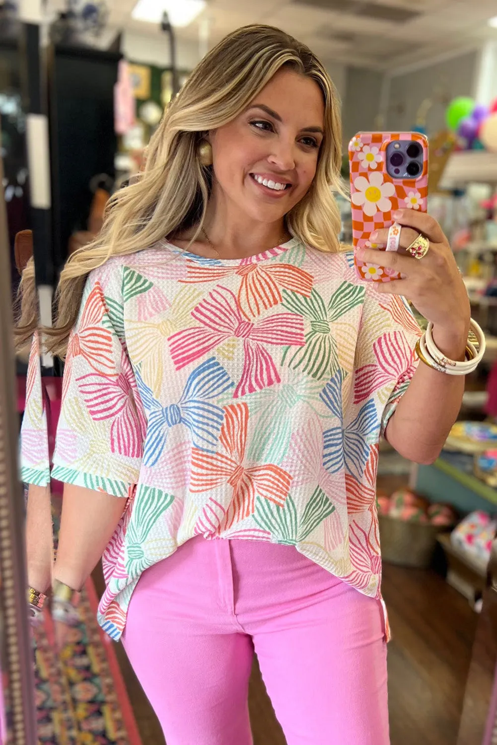 Multicolour Bowknot Printed Waffle Crewneck Loose Short Sleeve Top