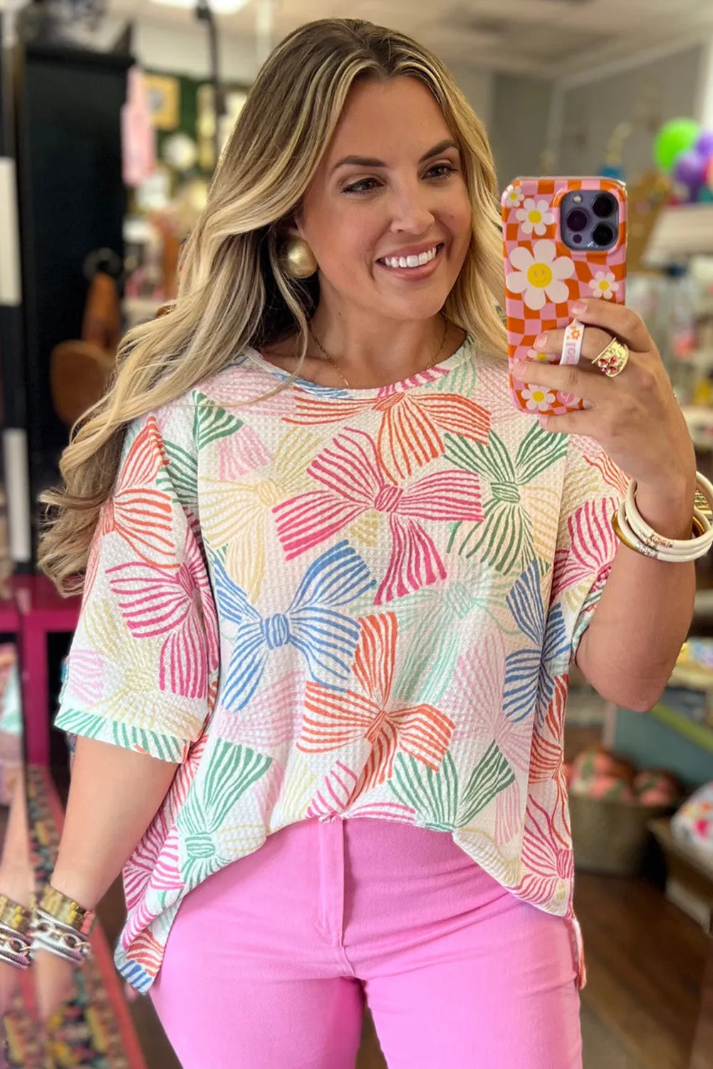 Multicolour Bowknot Printed Waffle Crewneck Loose Short Sleeve Top