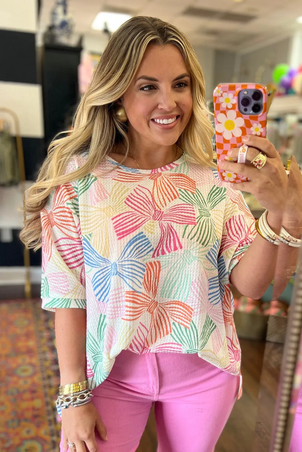 Multicolour Bowknot Printed Waffle Crewneck Loose Short Sleeve Top