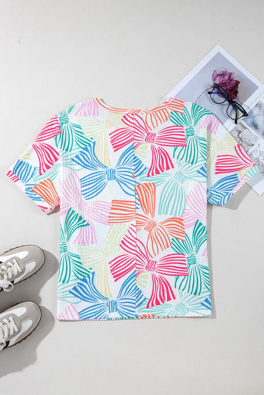 Multicolour Bowknot Printed Waffle Crewneck Loose Short Sleeve Top