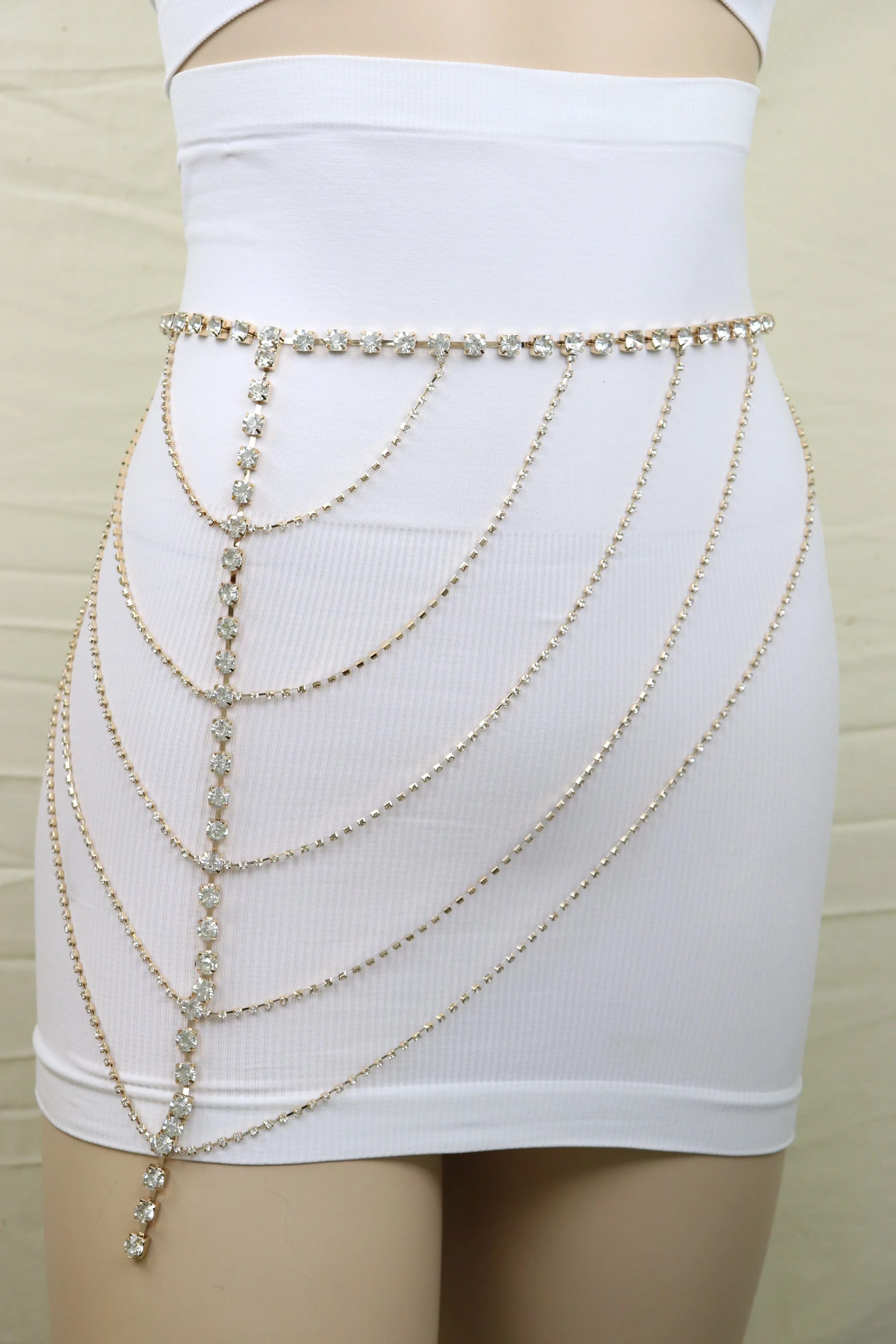 New Women Gold Metal Chain Wave High Waist Belt Rhinestone S M