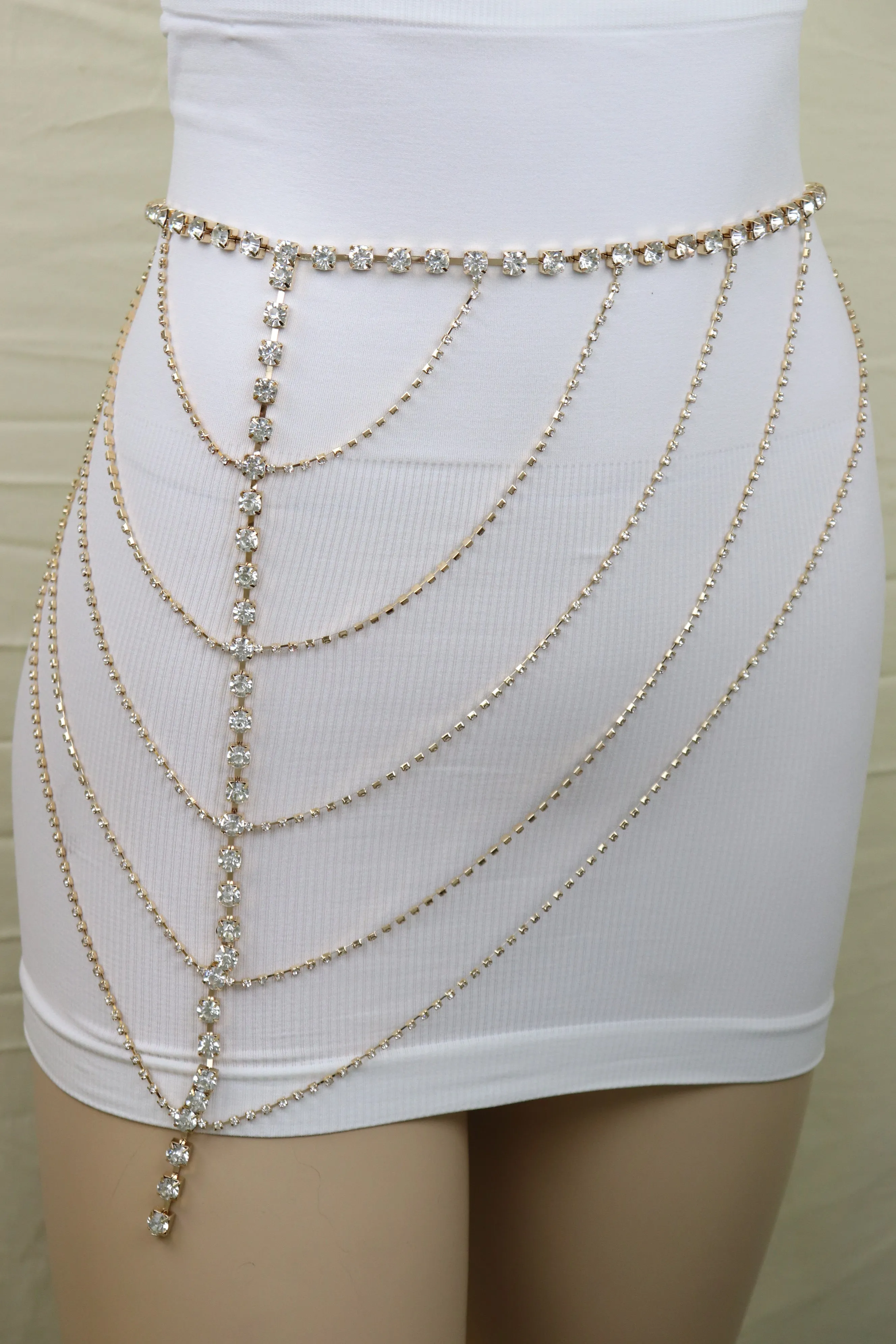 New Women Gold Metal Chain Wave High Waist Belt Rhinestone S M
