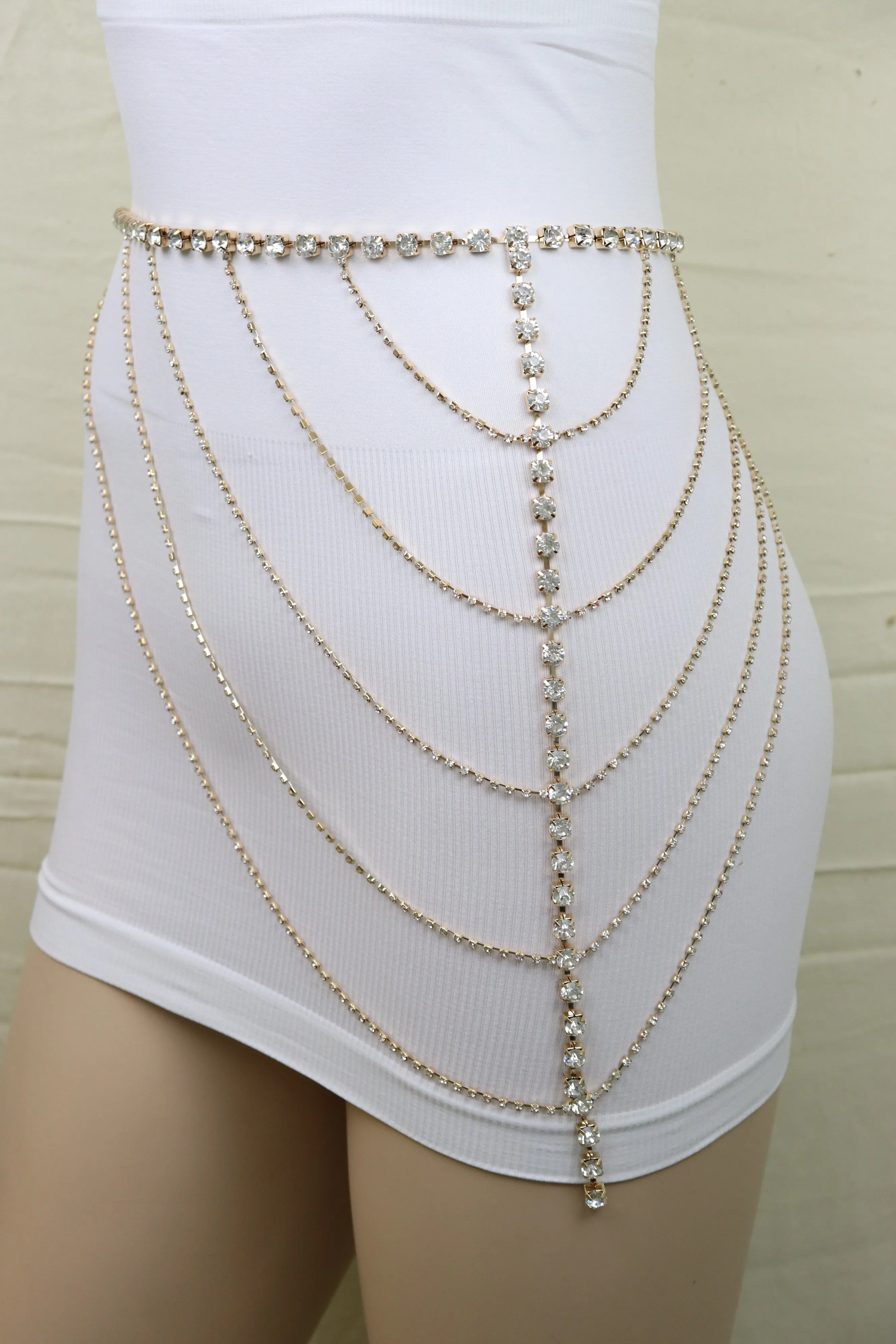 New Women Gold Metal Chain Wave High Waist Belt Rhinestone S M