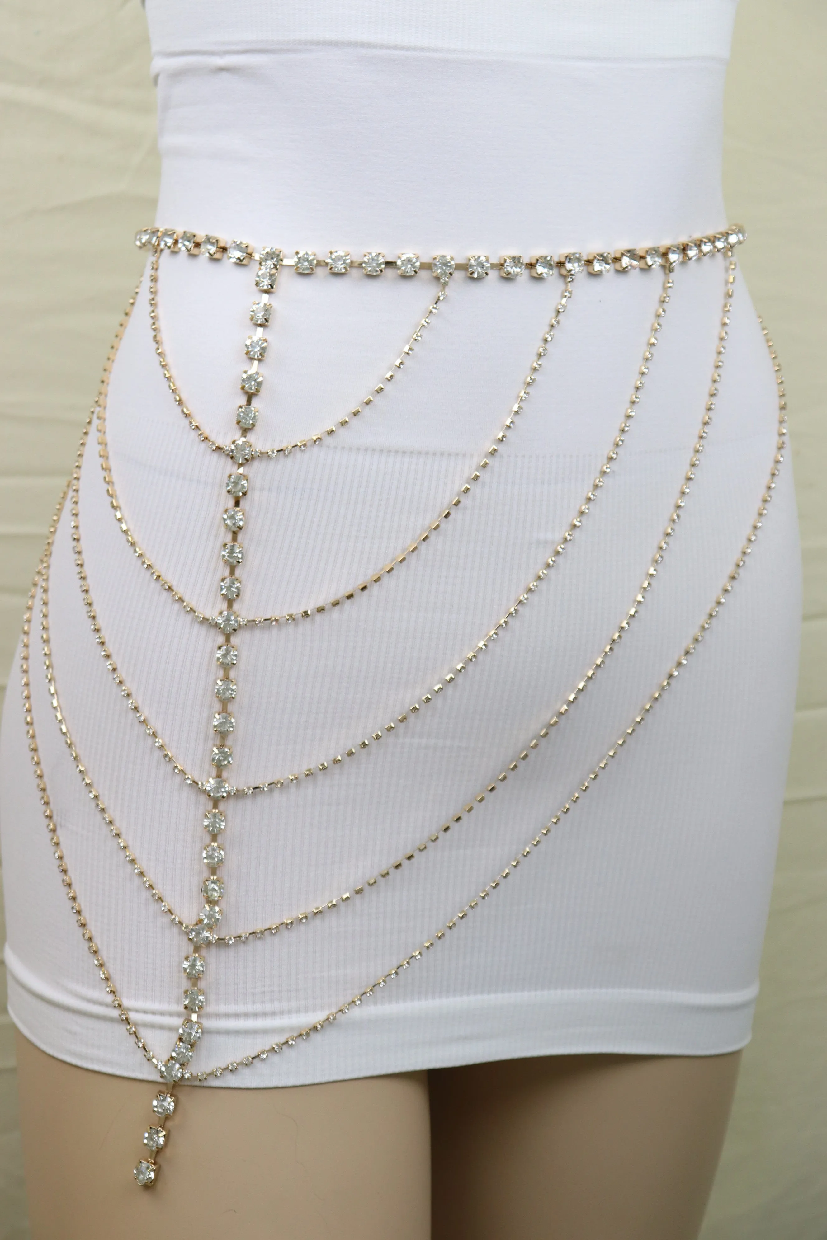 New Women Gold Metal Chain Wave High Waist Belt Rhinestone S M