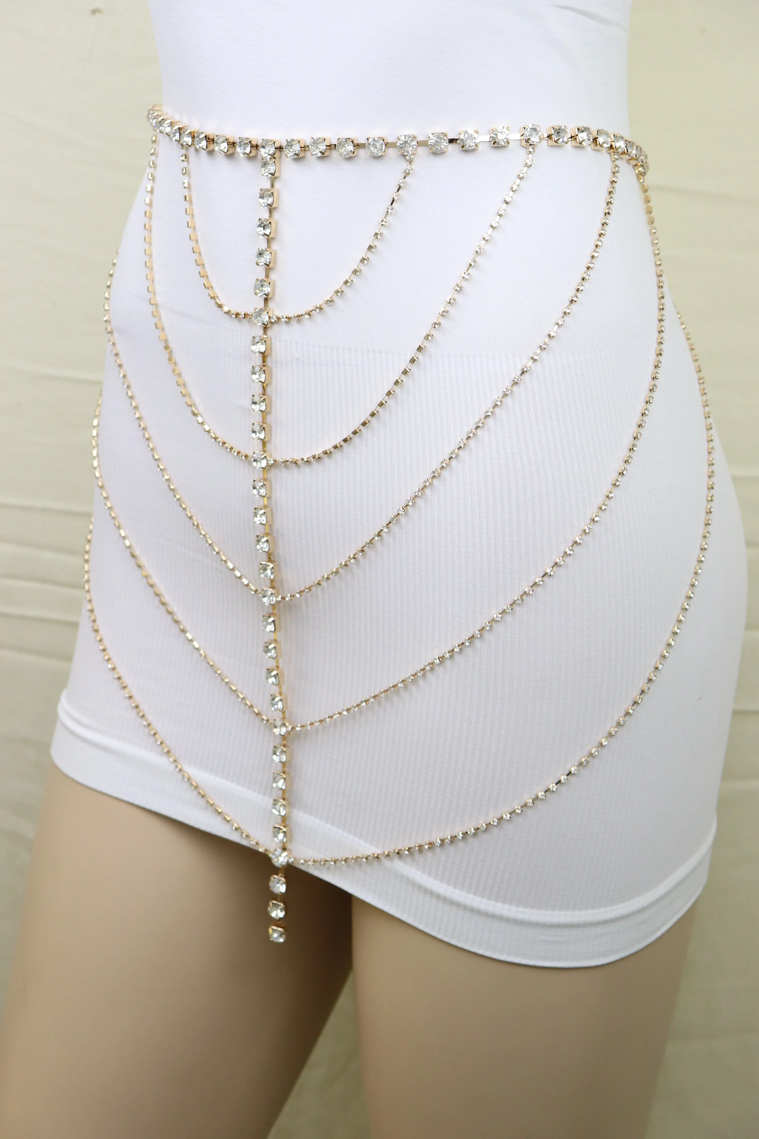 New Women Gold Metal Chain Wave High Waist Belt Rhinestone S M
