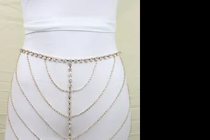 New Women Gold Metal Chain Wave High Waist Belt Rhinestone S M