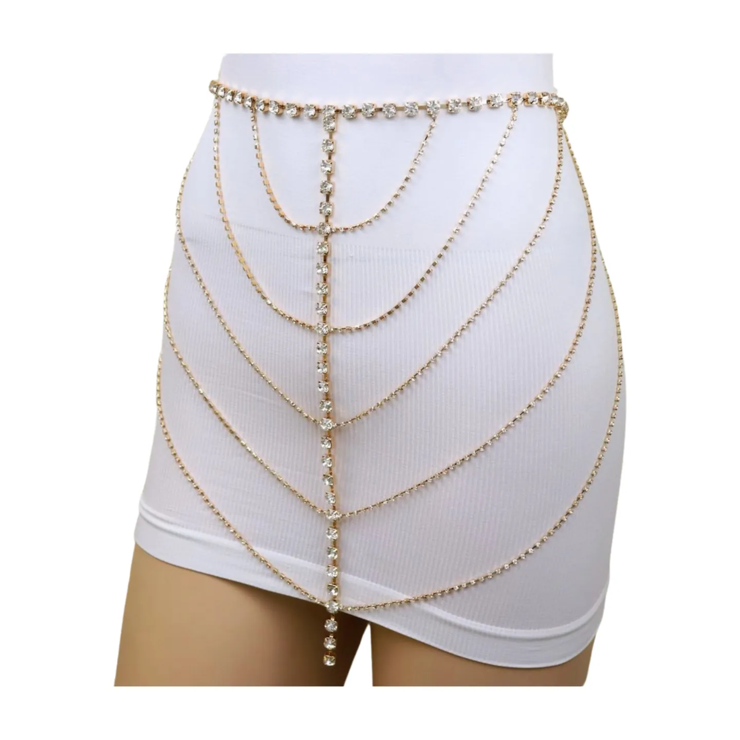 New Women Gold Metal Chain Wave High Waist Belt Rhinestone S M
