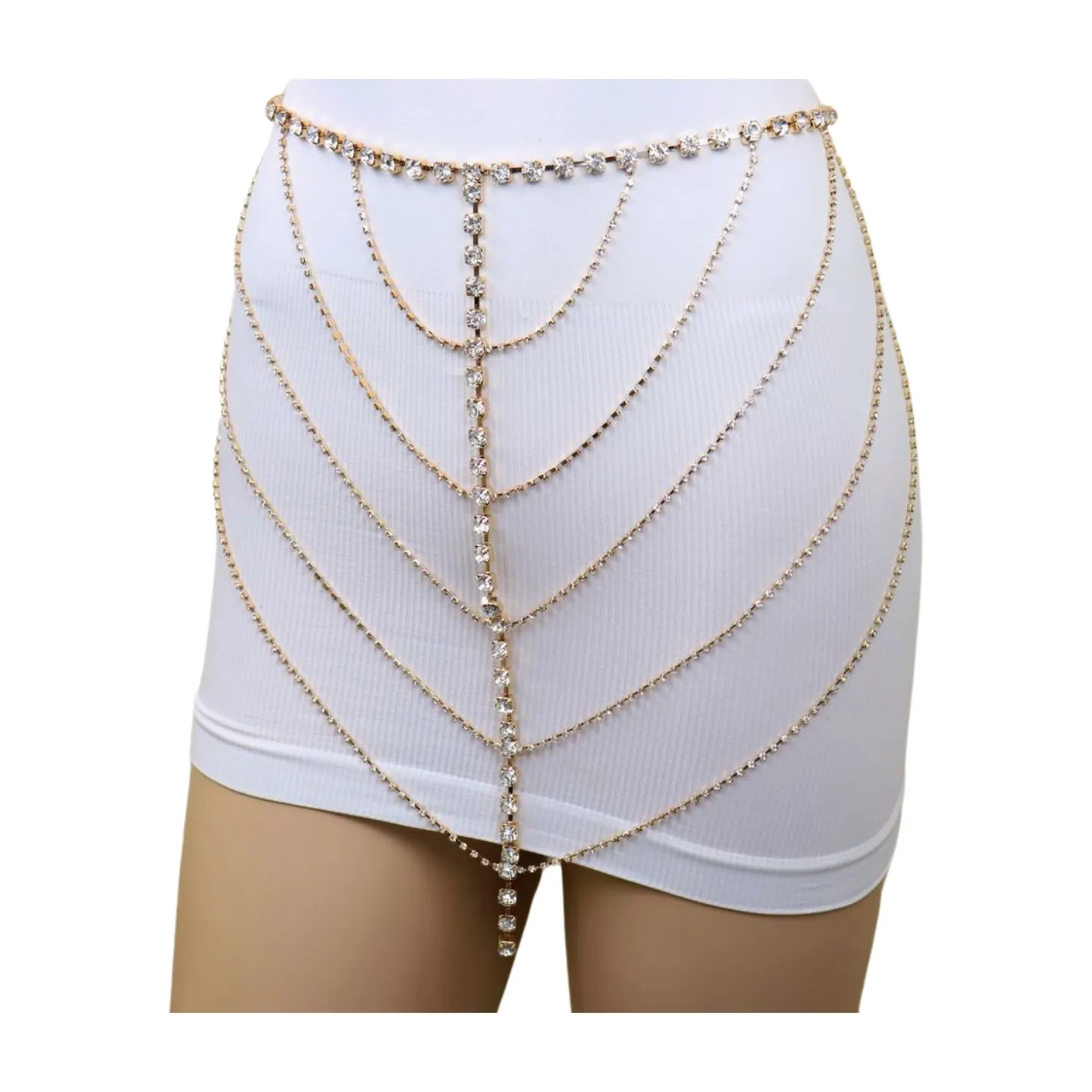 New Women Gold Metal Chain Wave High Waist Belt Rhinestone S M