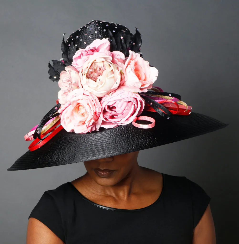 OE0024- Black Satin with Pink Flowers Dress Hat