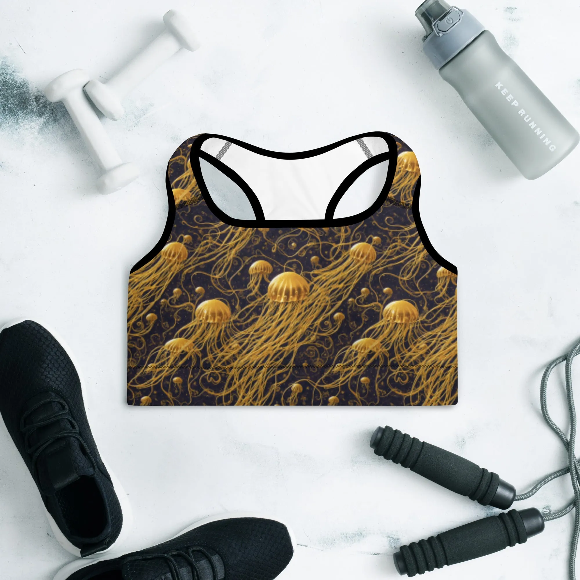 Padded Sports Bra - Black and Gold Jellyfishes