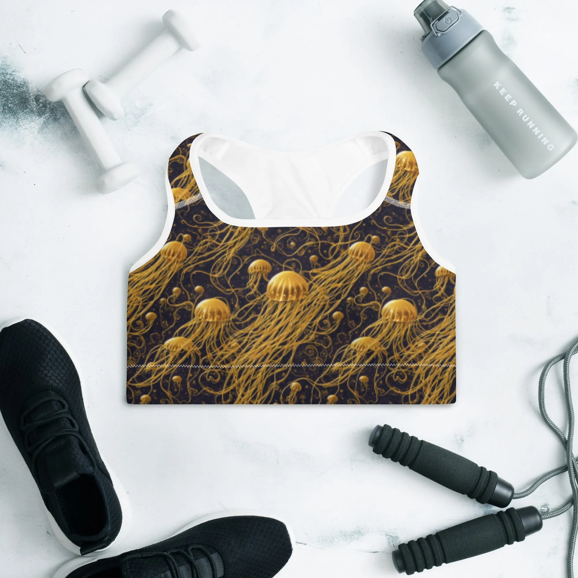 Padded Sports Bra - Black and Gold Jellyfishes