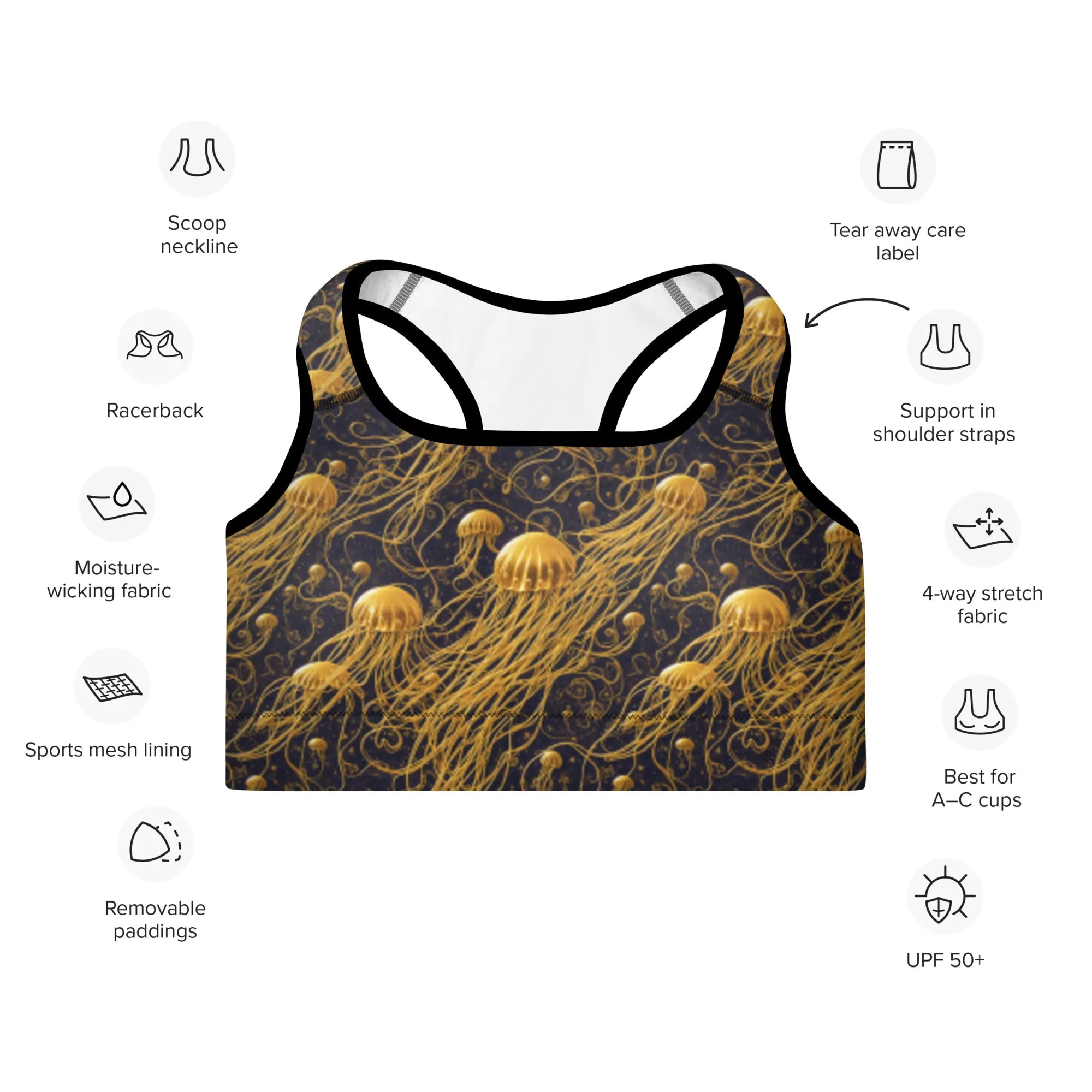 Padded Sports Bra - Black and Gold Jellyfishes