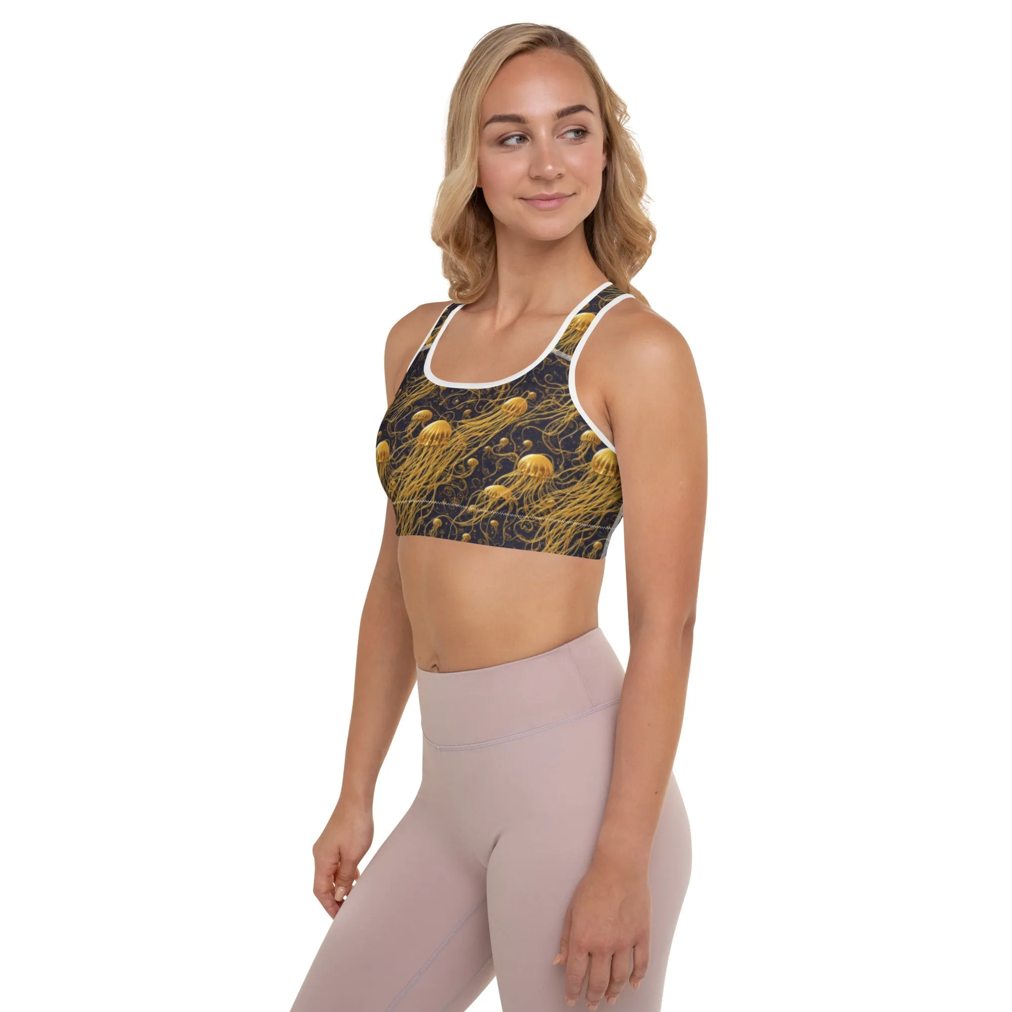 Padded Sports Bra - Black and Gold Jellyfishes