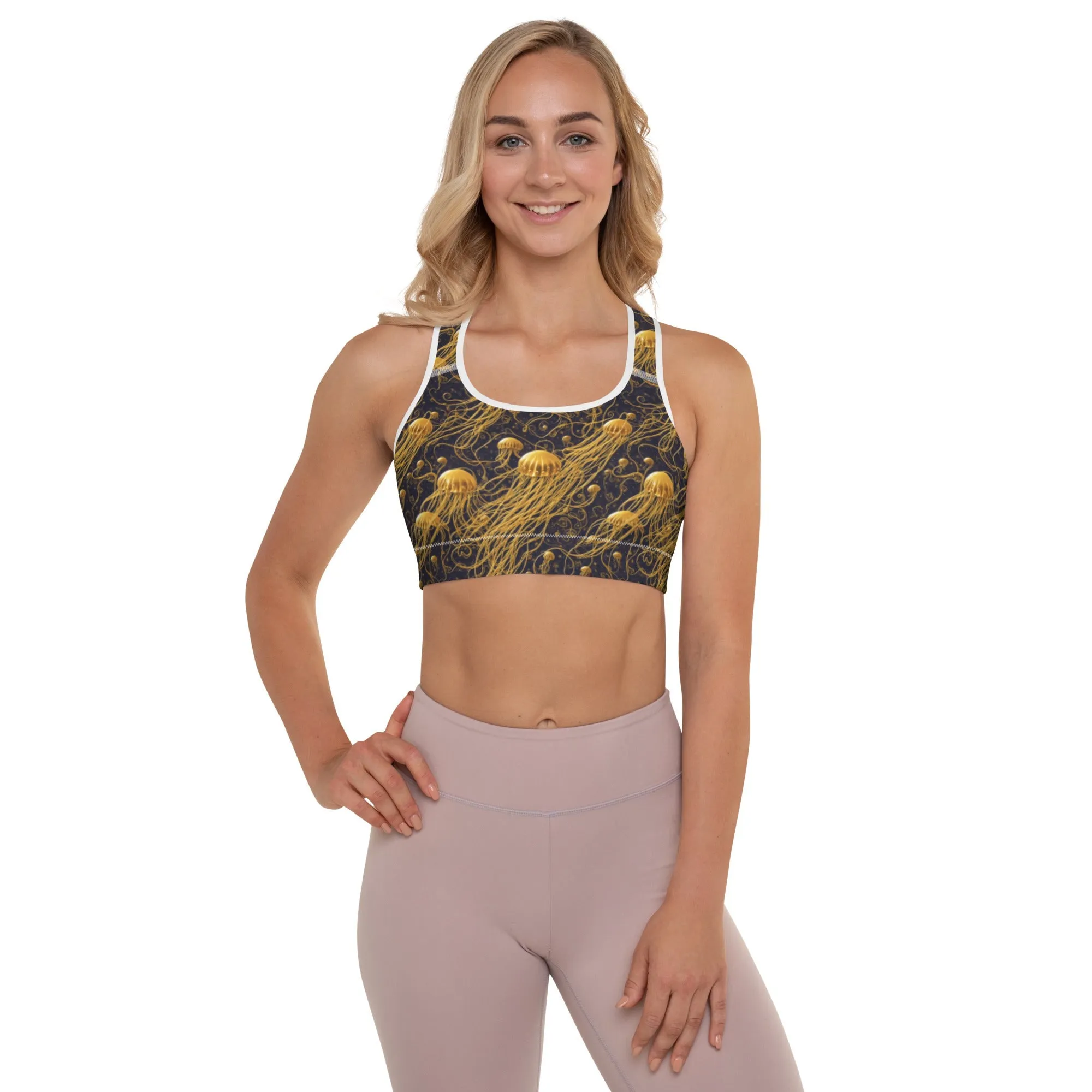 Padded Sports Bra - Black and Gold Jellyfishes