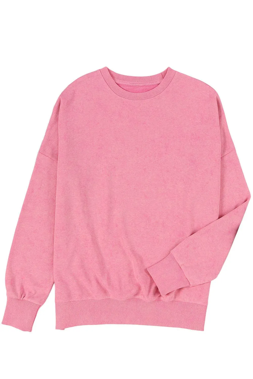 Pink Drop Shoulder Ribbed Trim Oversized Sweatshirt: Pink / M / 75%Polyester 25%Cotton